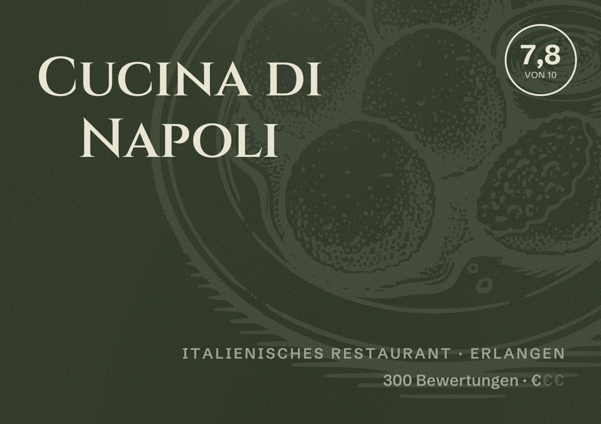 Illustriertes Poster von Cucina di Napoli, Italienisches Restaurant in Erlangen: Bewertung 7,8 von 10 aus 300 Bewertungen, Preisniveau €