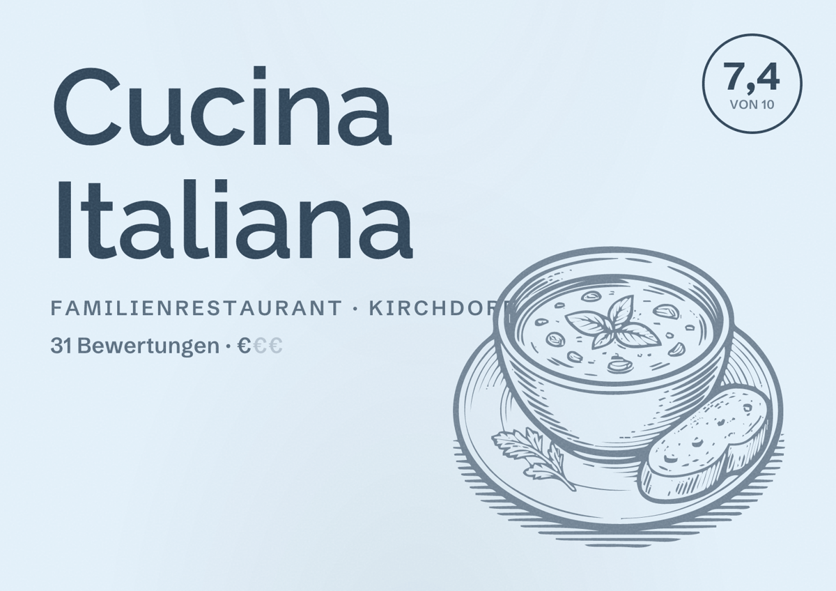 Illustriertes Poster von Cucina Italiana, Familienrestaurant in Kirchdorf: Bewertung 7,4 von 10 aus 31 Bewertungen, Preisniveau €