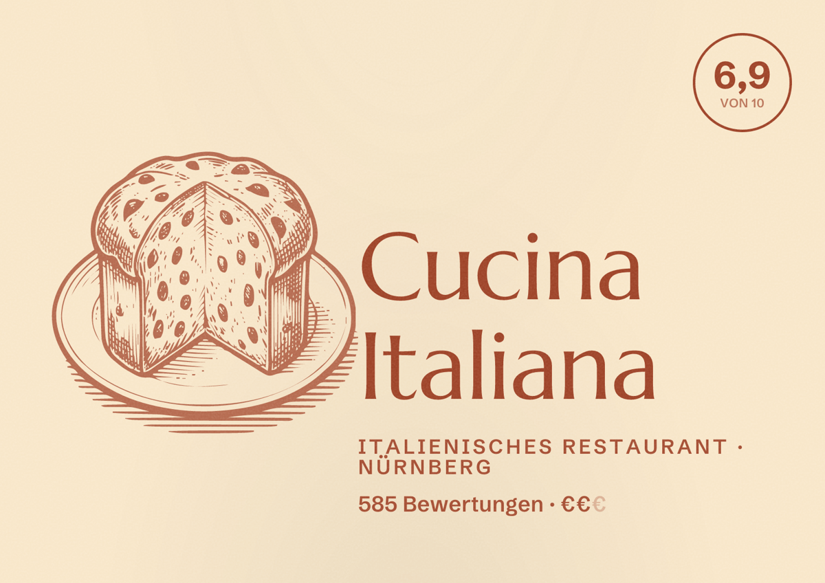 Illustriertes Poster von Cucina Italiana, Italienisches Restaurant in Nürnberg: Bewertung 6,9 von 10 aus 585 Bewertungen, Preisniveau €€