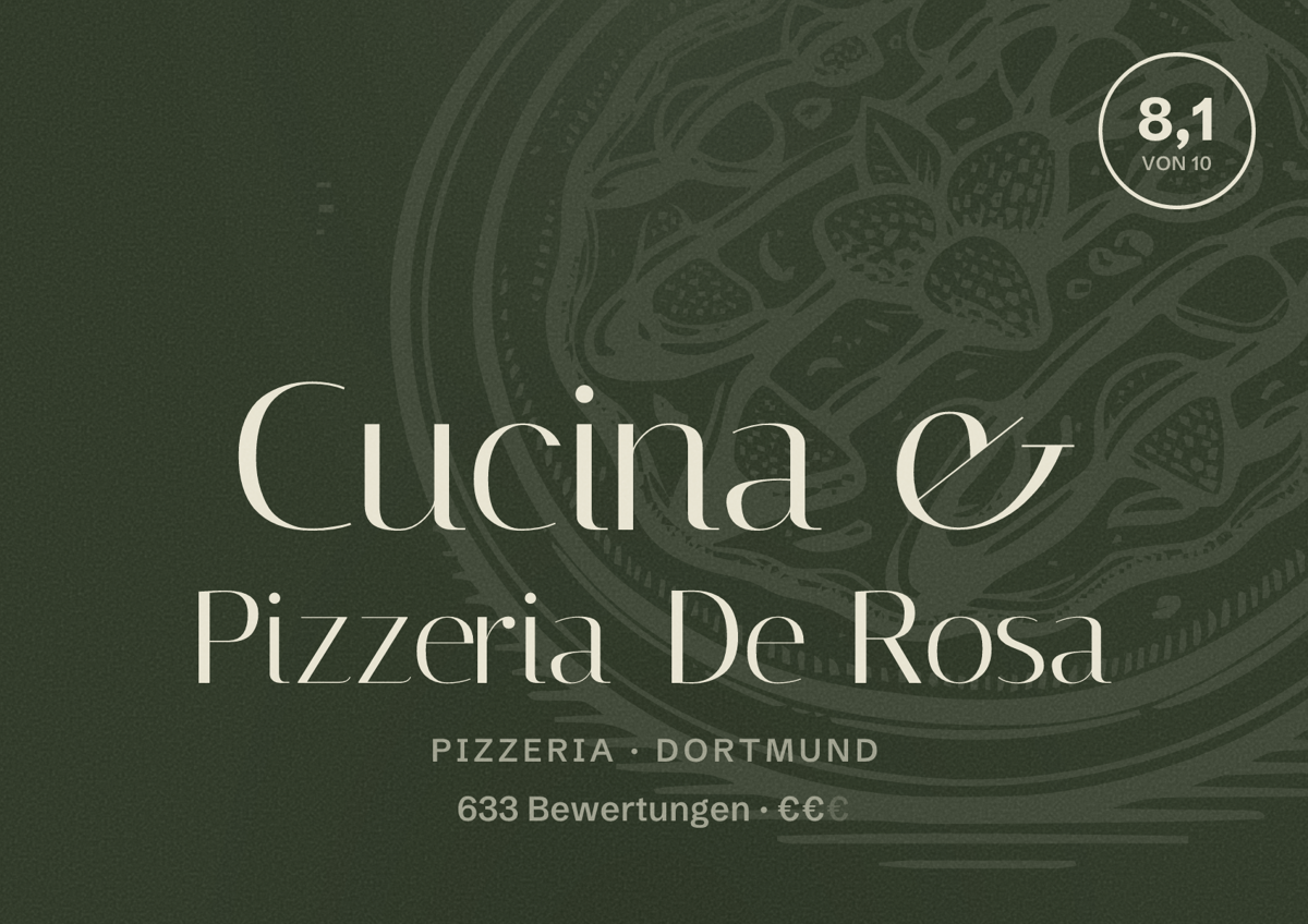 Illustriertes Poster von Cucina & Pizzeria De Rosa, Pizzeria in Dortmund: Bewertung 8,1 von 10 aus 633 Bewertungen, Preisniveau €€