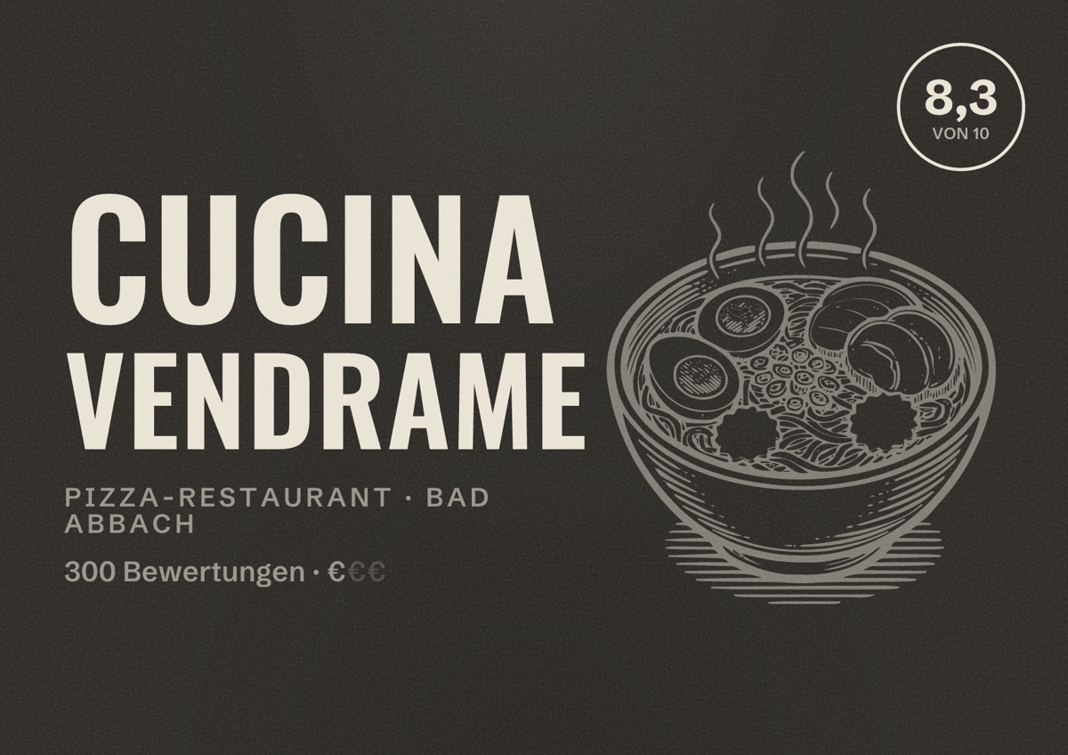 Illustriertes Poster von Cucina Vendrame, Pizza-Restaurant in Bad Abbach: Bewertung 8,3 von 10 aus 300 Bewertungen, Preisniveau €