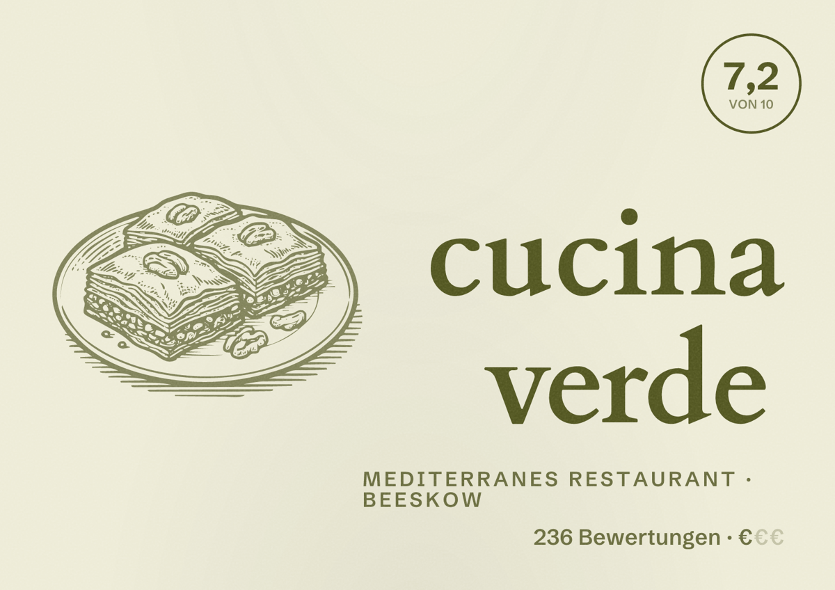 Illustriertes Poster von cucina verde, Mediterranes Restaurant in Beeskow: Bewertung 7,2 von 10 aus 236 Bewertungen, Preisniveau €