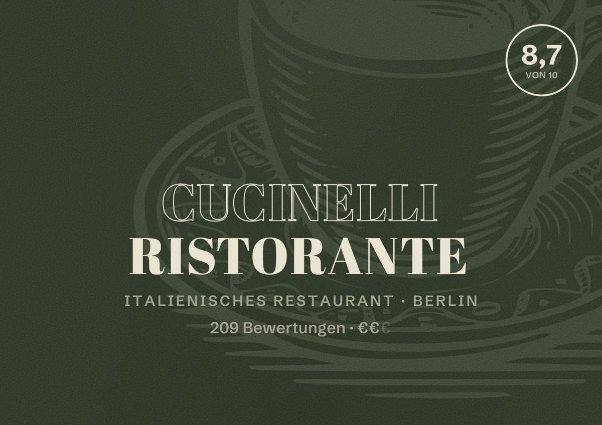 Illustriertes Poster von Cucinelli Ristorante, Italienisches Restaurant in Berlin: Bewertung 8,7 von 10 aus 209 Bewertungen, Preisniveau €€