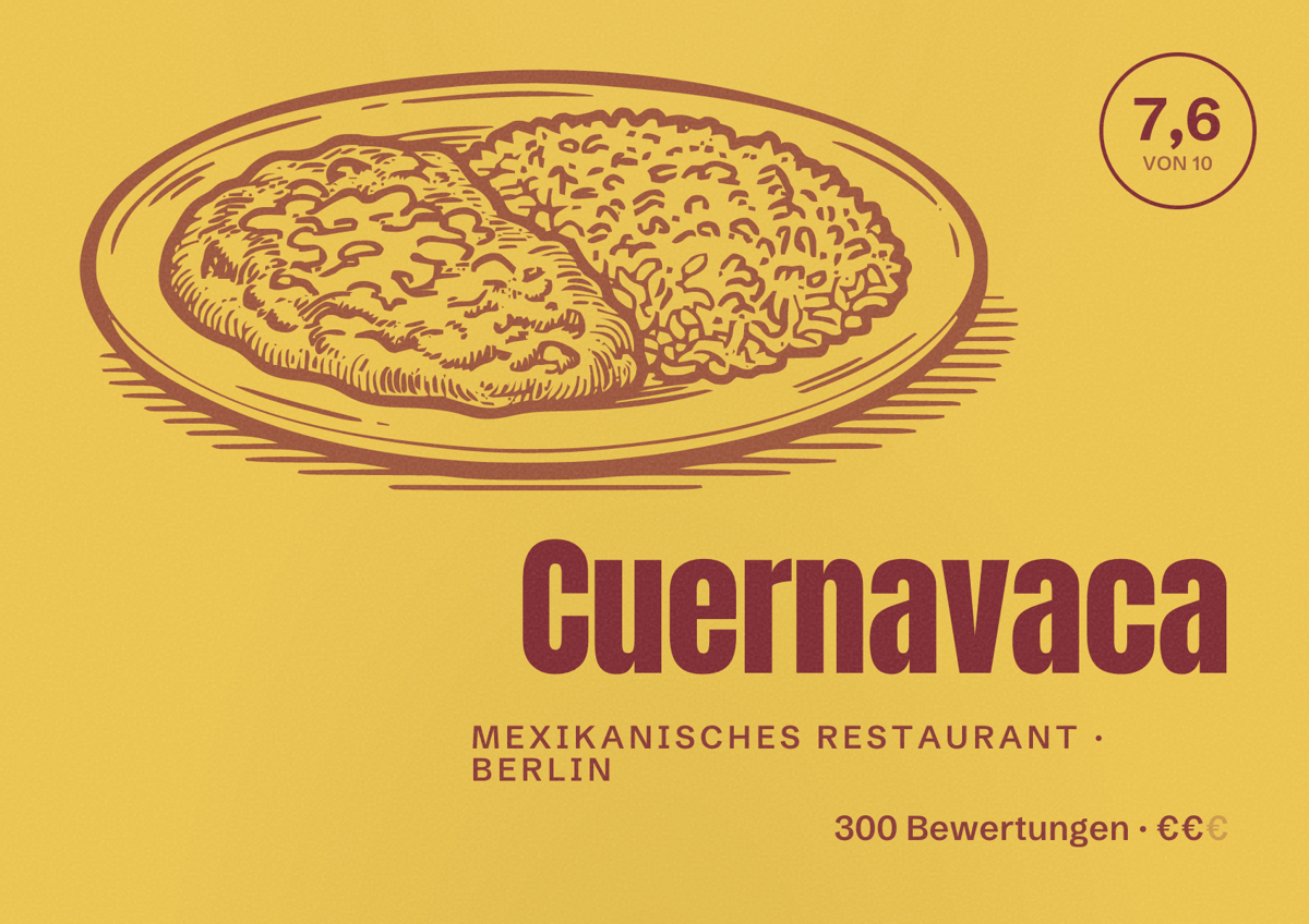 Illustriertes Poster von Cuernavaca, Mexikanisches Restaurant in Berlin: Bewertung 7,6 von 10 aus 300 Bewertungen, Preisniveau €€