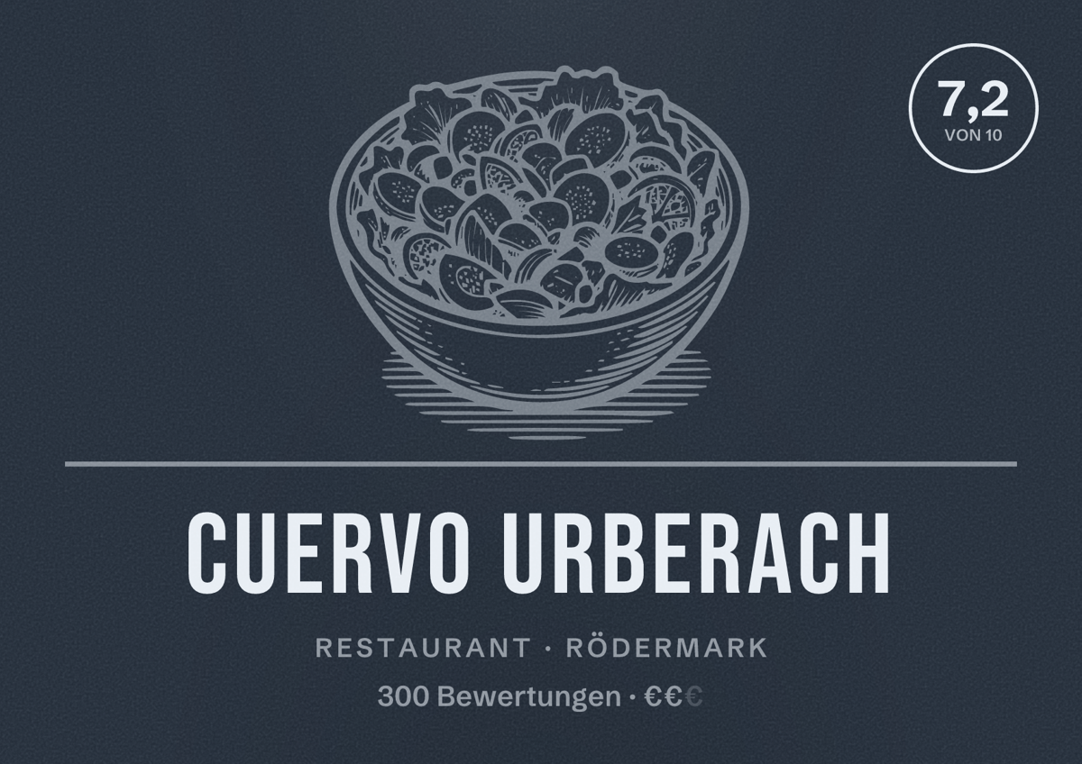 Illustriertes Poster von Cuervo Urberach, Restaurant in Rödermark: Bewertung 7,2 von 10 aus 300 Bewertungen, Preisniveau €€