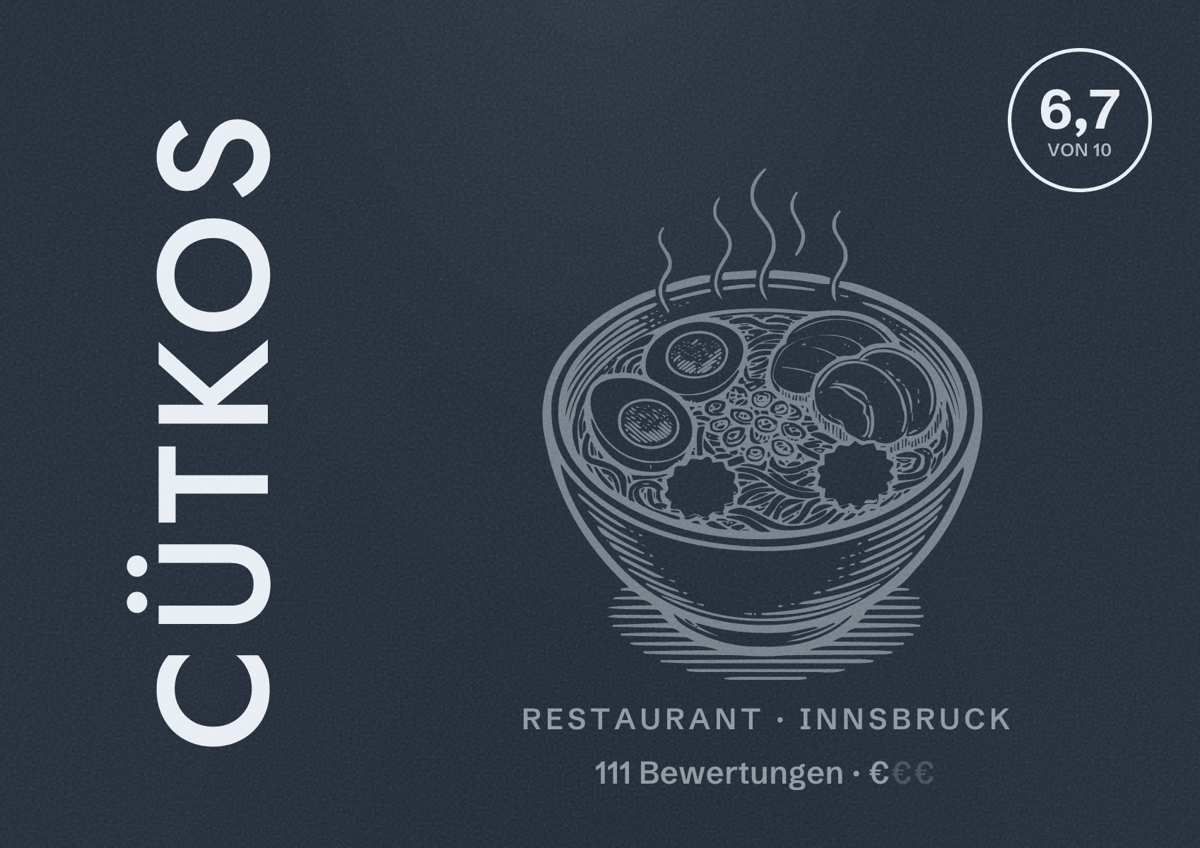 Illustriertes Poster von Cütkos, Restaurant in Innsbruck: Bewertung 6,7 von 10 aus 111 Bewertungen, Preisniveau €