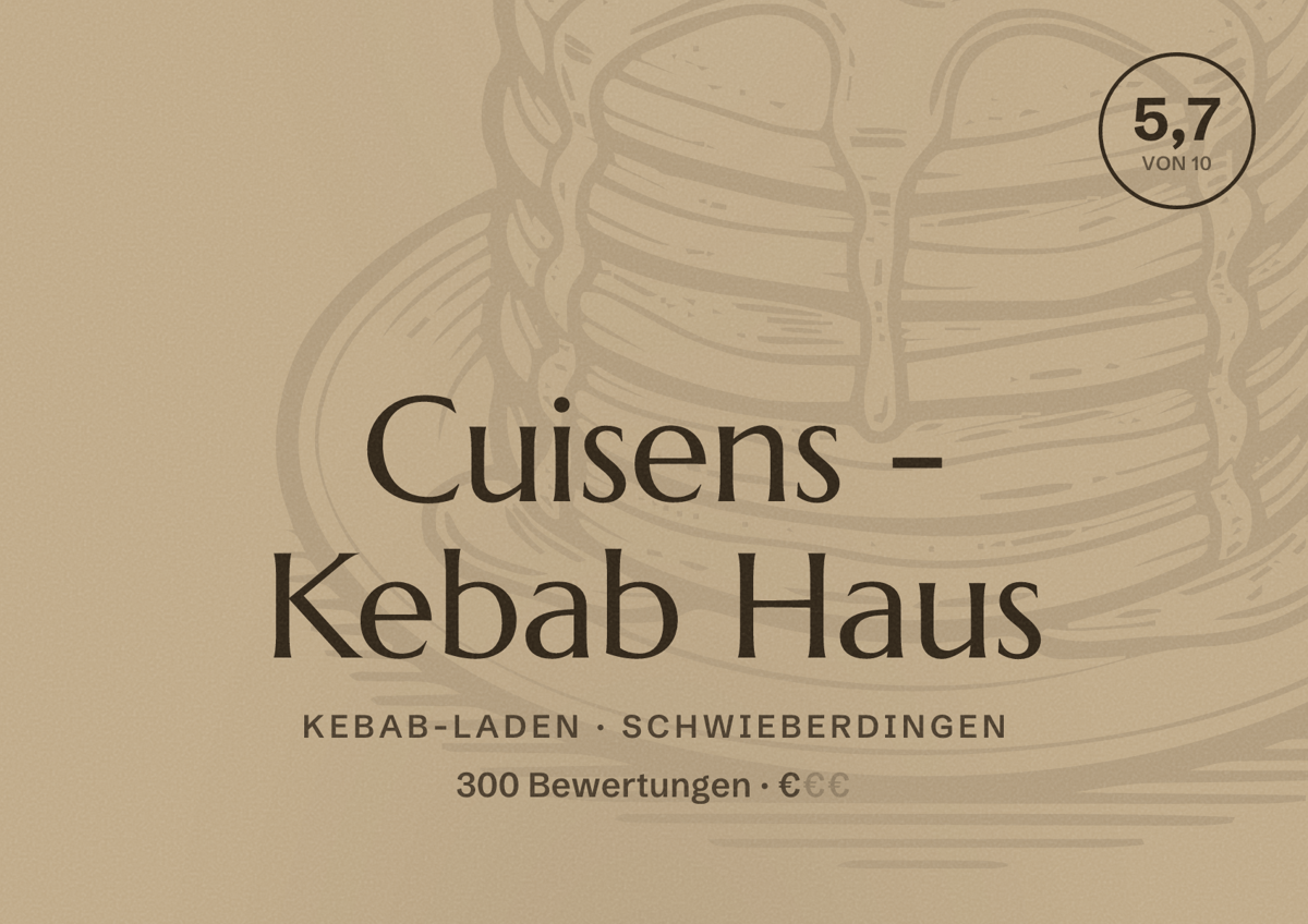 Illustriertes Poster von Cuisens - Kebab Haus, Kebab-Laden in Schwieberdingen: Bewertung 5,7 von 10 aus 300 Bewertungen, Preisniveau €