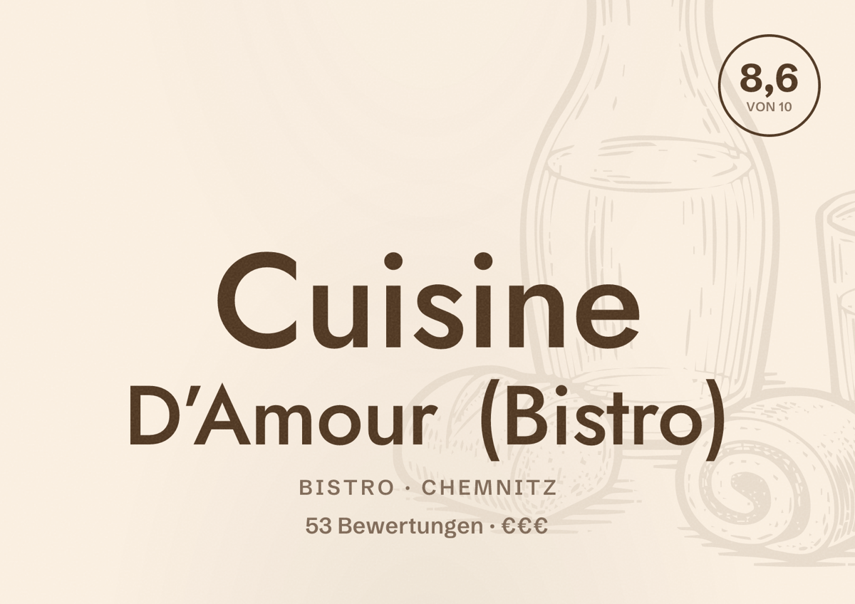 Illustriertes Poster von Cuisine D’Amour (Bistro), Bistro in Chemnitz: Bewertung 8,6 von 10 aus 53 Bewertungen, Preisniveau €€€