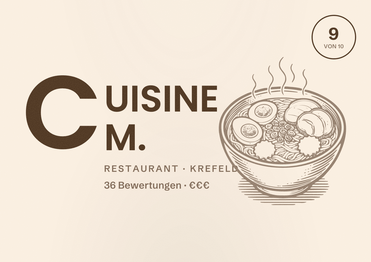 Illustriertes Poster von CUISINE M., Restaurant in Krefeld: Bewertung 9 von 10 aus 36 Bewertungen, Preisniveau €€€