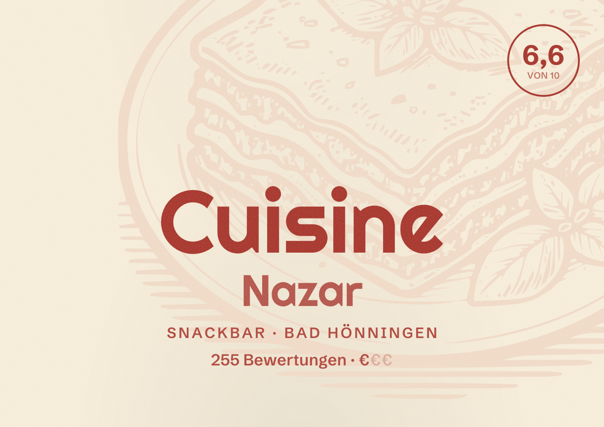 Illustriertes Poster von Cuisine Nazar, Snackbar in Bad Hönningen: Bewertung 6,6 von 10 aus 255 Bewertungen, Preisniveau €