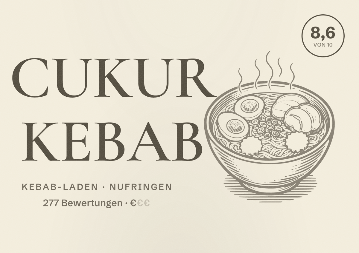 Illustriertes Poster von CUKUR KEBAB, Kebab-Laden in Nufringen: Bewertung 8,6 von 10 aus 277 Bewertungen, Preisniveau €