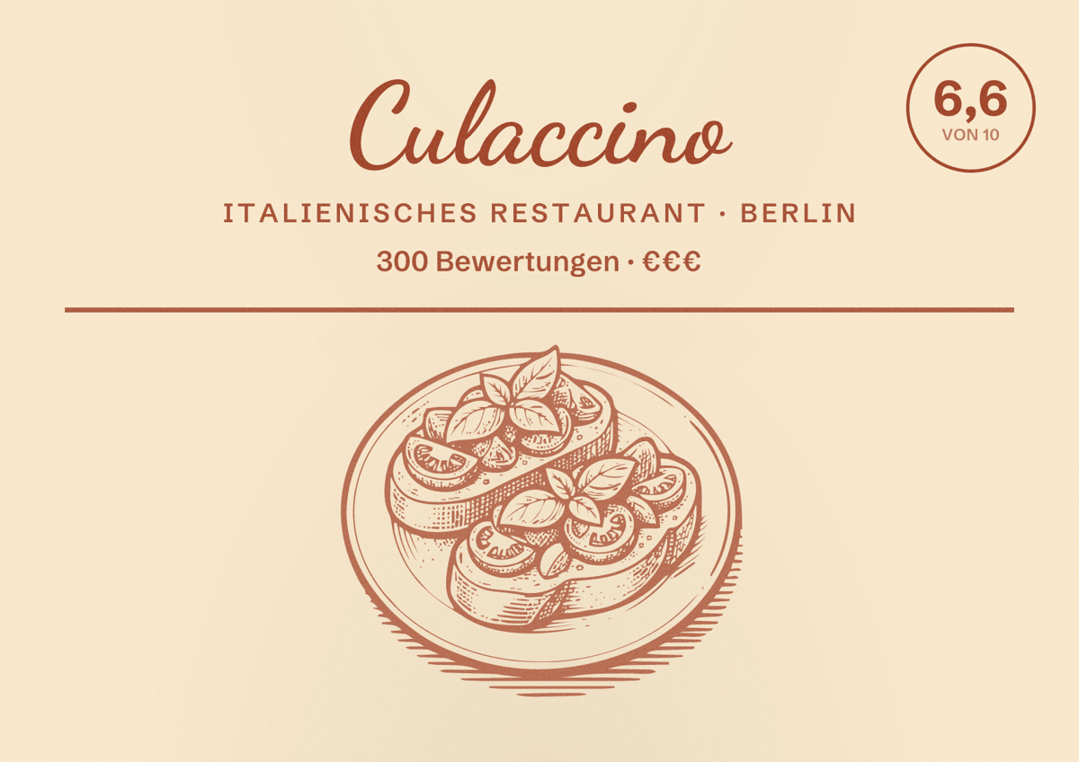 Illustriertes Poster von Culaccino, Italienisches Restaurant in Berlin: Bewertung 6,6 von 10 aus 300 Bewertungen, Preisniveau €€€