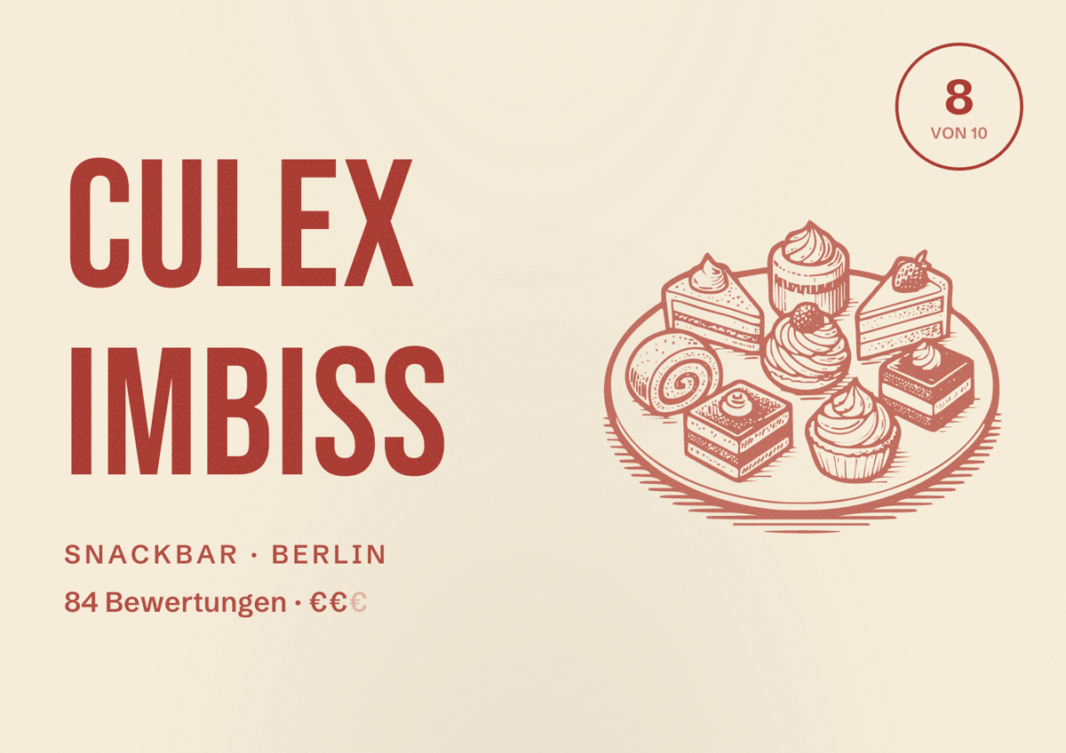 Illustriertes Poster von CuLex Imbiss, Snackbar in Berlin: Bewertung 8,0 von 10 aus 84 Bewertungen, Preisniveau €€