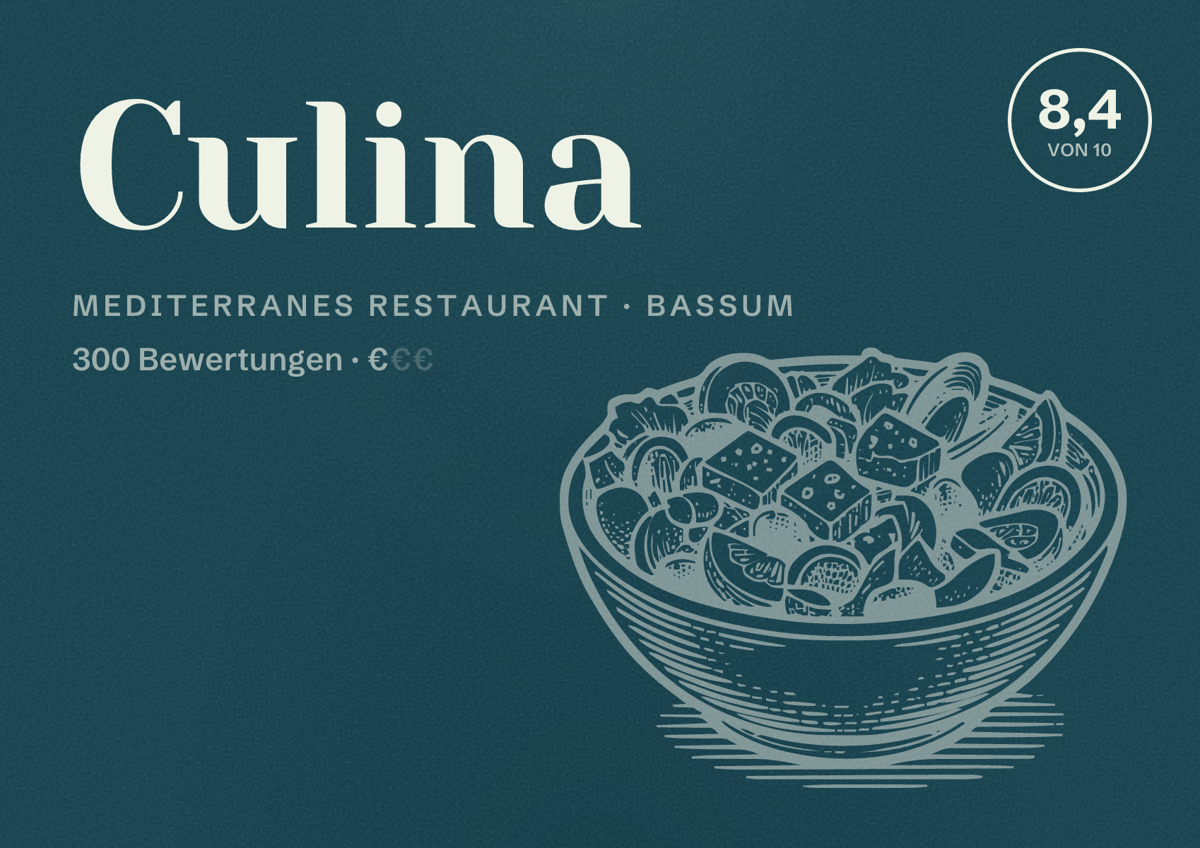 Illustriertes Poster von Culina, Mediterranes Restaurant in Bassum: Bewertung 8,4 von 10 aus 300 Bewertungen, Preisniveau €