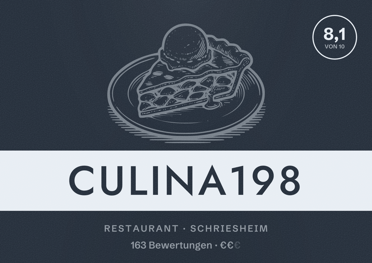Illustriertes Poster von Culina198, Restaurant in Schriesheim: Bewertung 8,1 von 10 aus 163 Bewertungen, Preisniveau €€