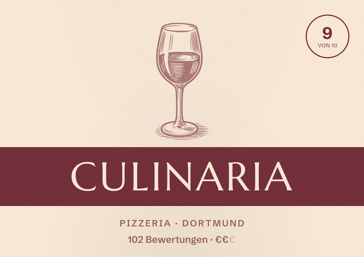 Illustriertes Poster von Culinaria, Pizzeria in Dortmund: Bewertung 9 von 10 aus 102 Bewertungen, Preisniveau €€