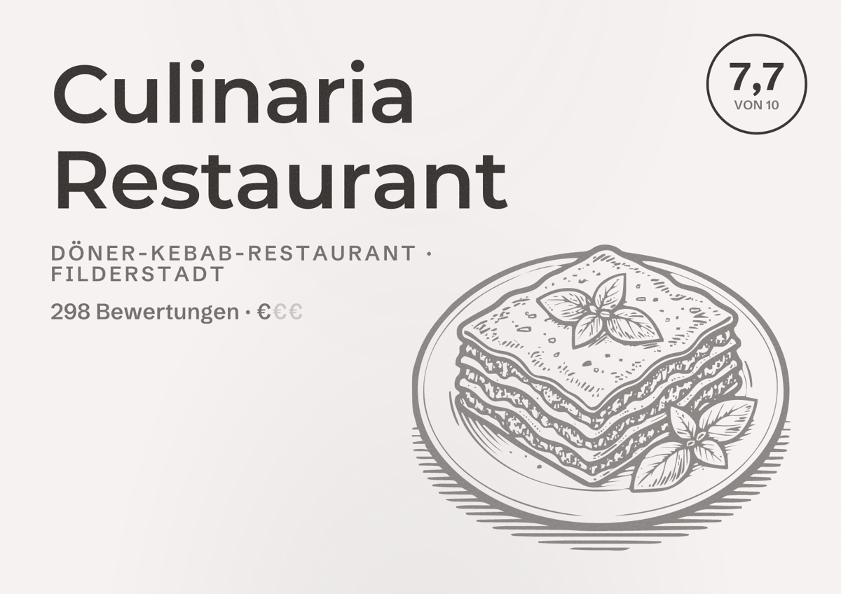 Illustriertes Poster von Culinaria Restaurant, Döner-Kebab-Restaurant in Filderstadt: Bewertung 7,7 von 10 aus 298 Bewertungen, Preisniveau €