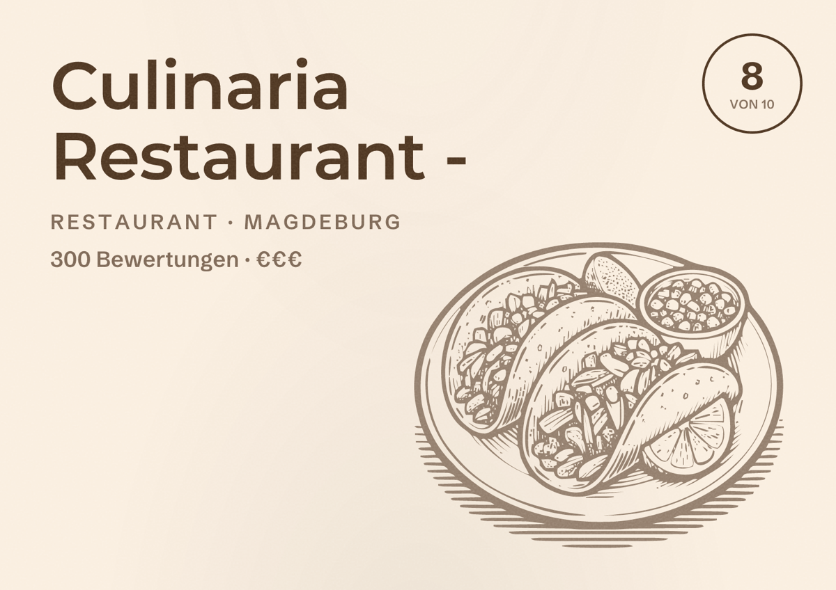 Illustriertes Poster von Culinaria Restaurant -, Restaurant in Magdeburg: Bewertung 8,0 von 10 aus 300 Bewertungen, Preisniveau €€€