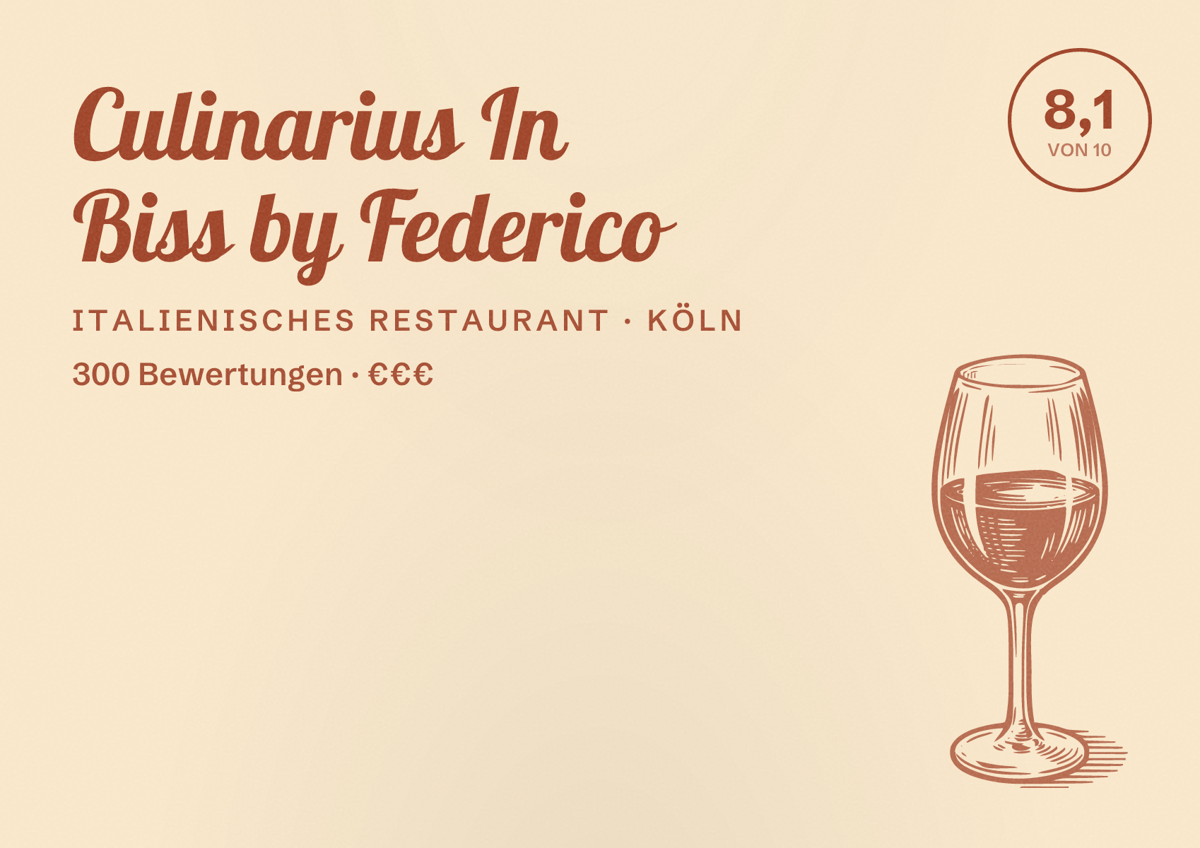 Illustriertes Poster von Culinarius In Biss by Federico, Italienisches Restaurant in Köln: Bewertung 8,1 von 10 aus 300 Bewertungen, Preisniveau €€€