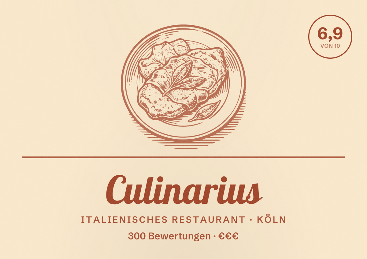 Illustriertes Poster von Culinarius, Italienisches Restaurant in Köln: Bewertung 6,9 von 10 aus 300 Bewertungen, Preisniveau €€€
