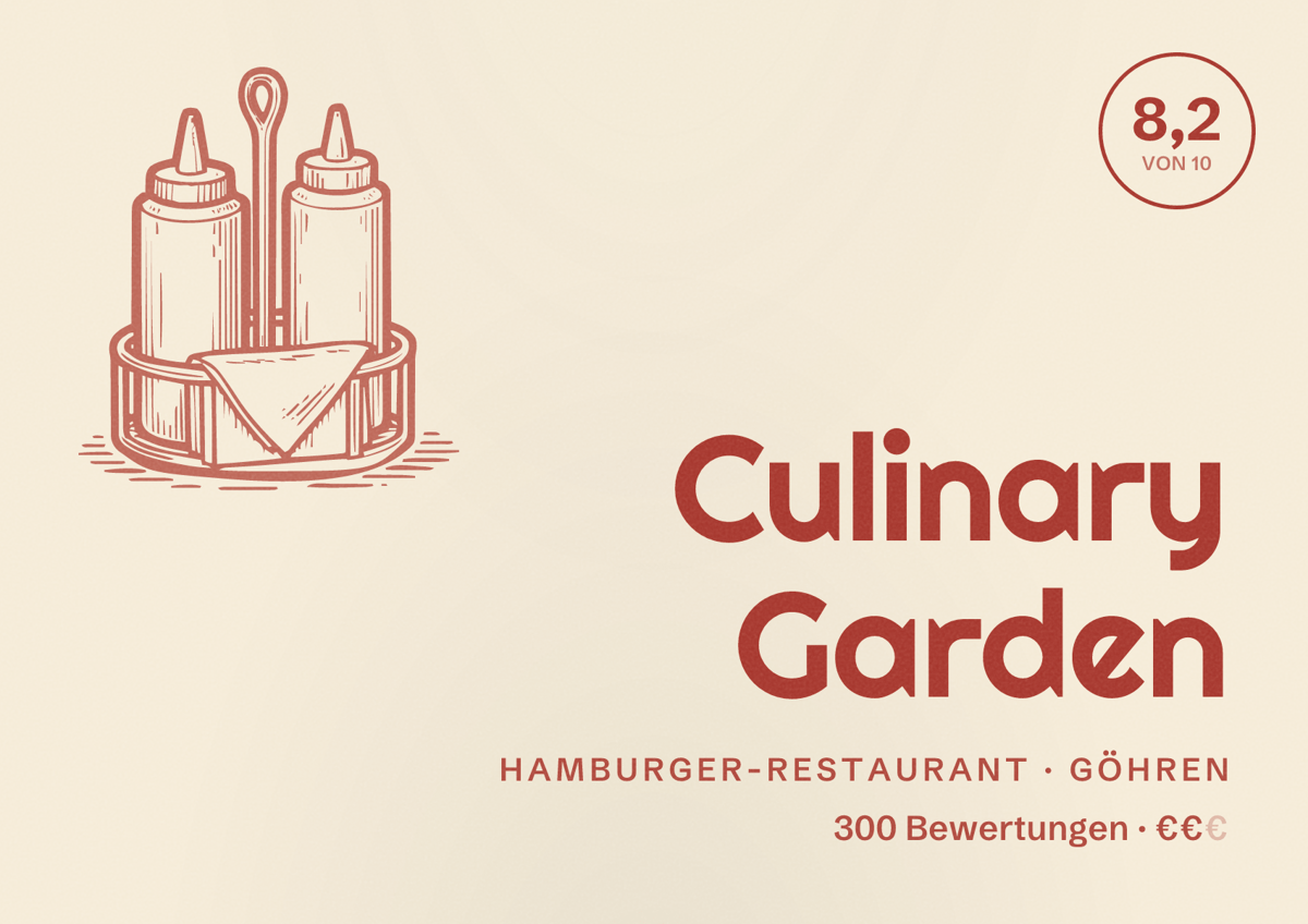 Illustriertes Poster von Culinary Garden, Hamburger-Restaurant in Göhren: Bewertung 8,2 von 10 aus 300 Bewertungen, Preisniveau €€