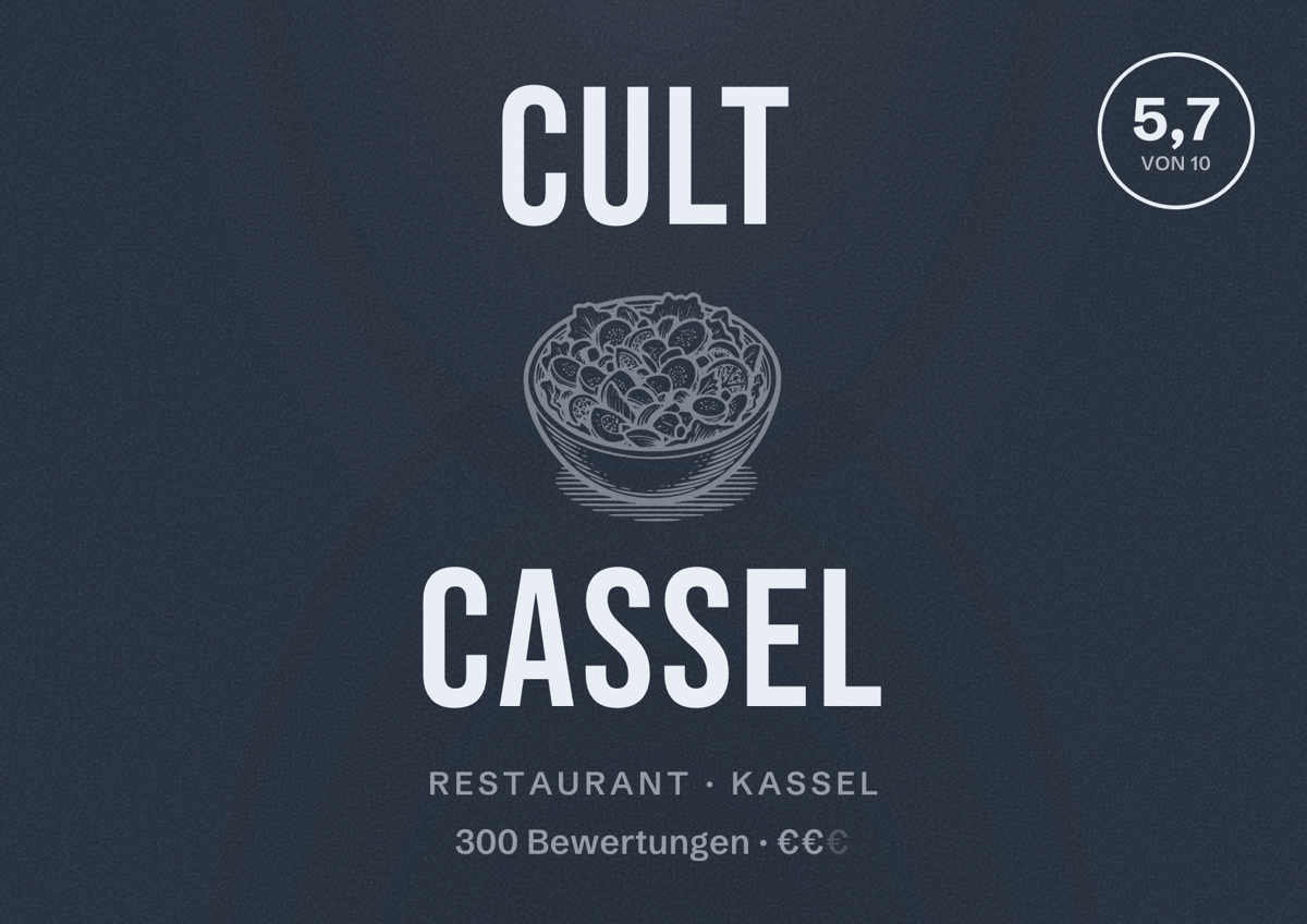 Illustriertes Poster von Cult Cassel, Restaurant in Kassel: Bewertung 5,7 von 10 aus 300 Bewertungen, Preisniveau €€