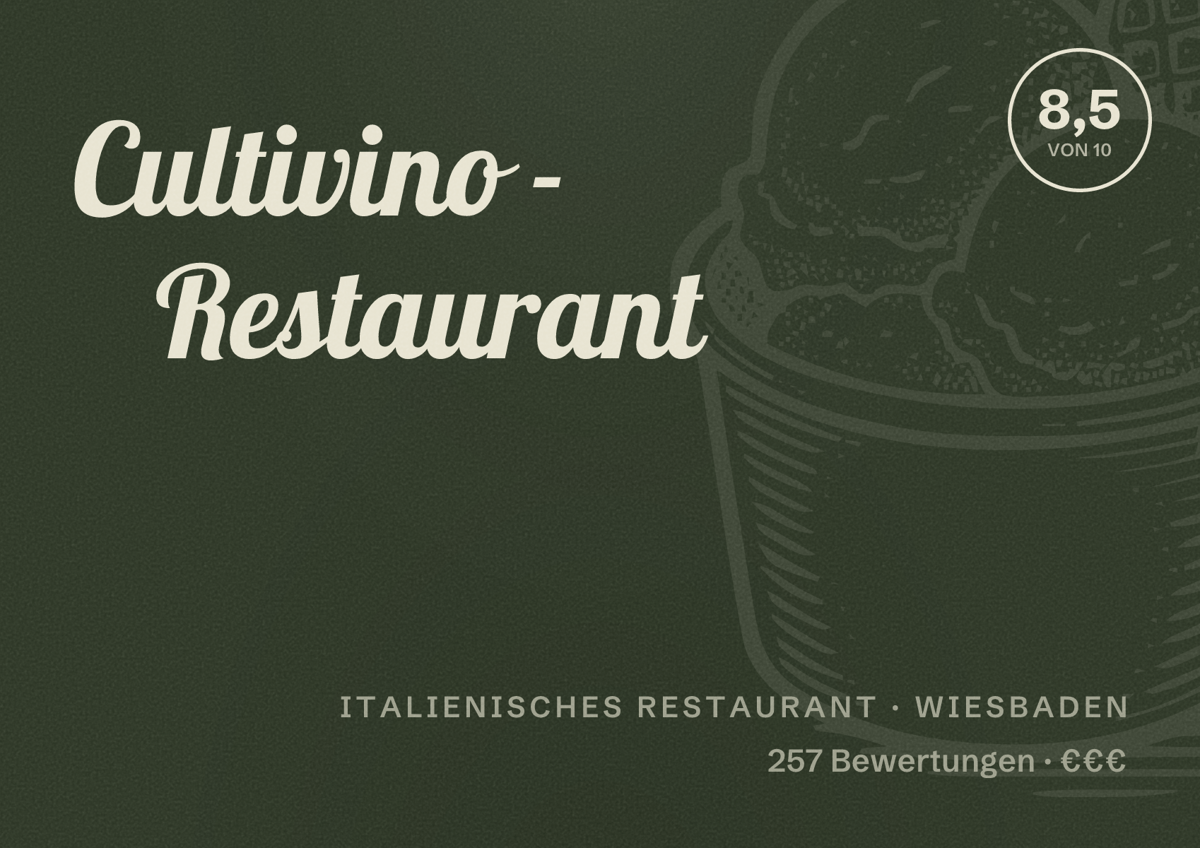 Illustriertes Poster von Cultivino - Restaurant, Italienisches Restaurant in Wiesbaden: Bewertung 8,5 von 10 aus 257 Bewertungen, Preisniveau €€€