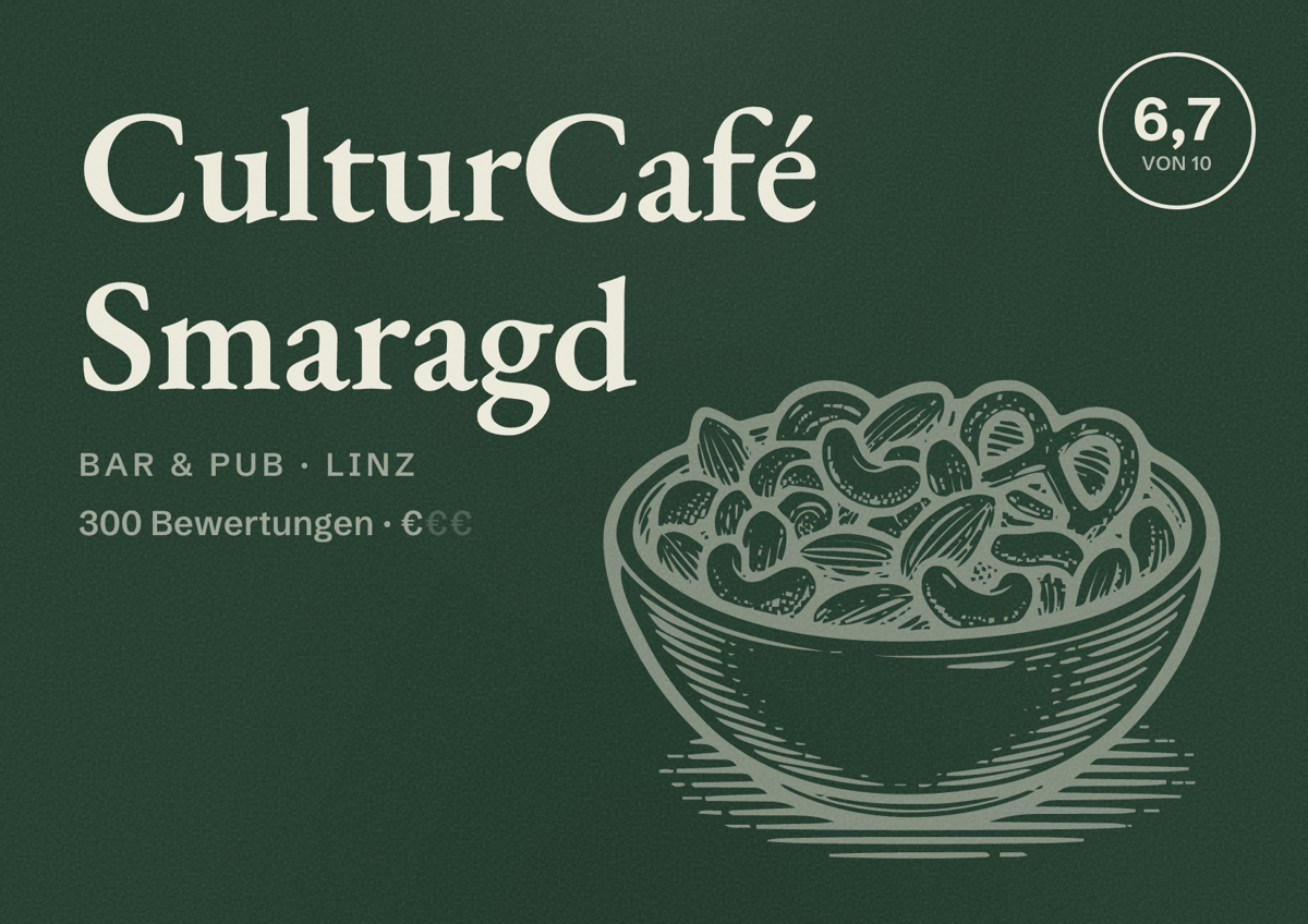 Illustriertes Poster von CulturCafé Smaragd, Bar & Pub in Linz: Bewertung 6,7 von 10 aus 300 Bewertungen, Preisniveau €