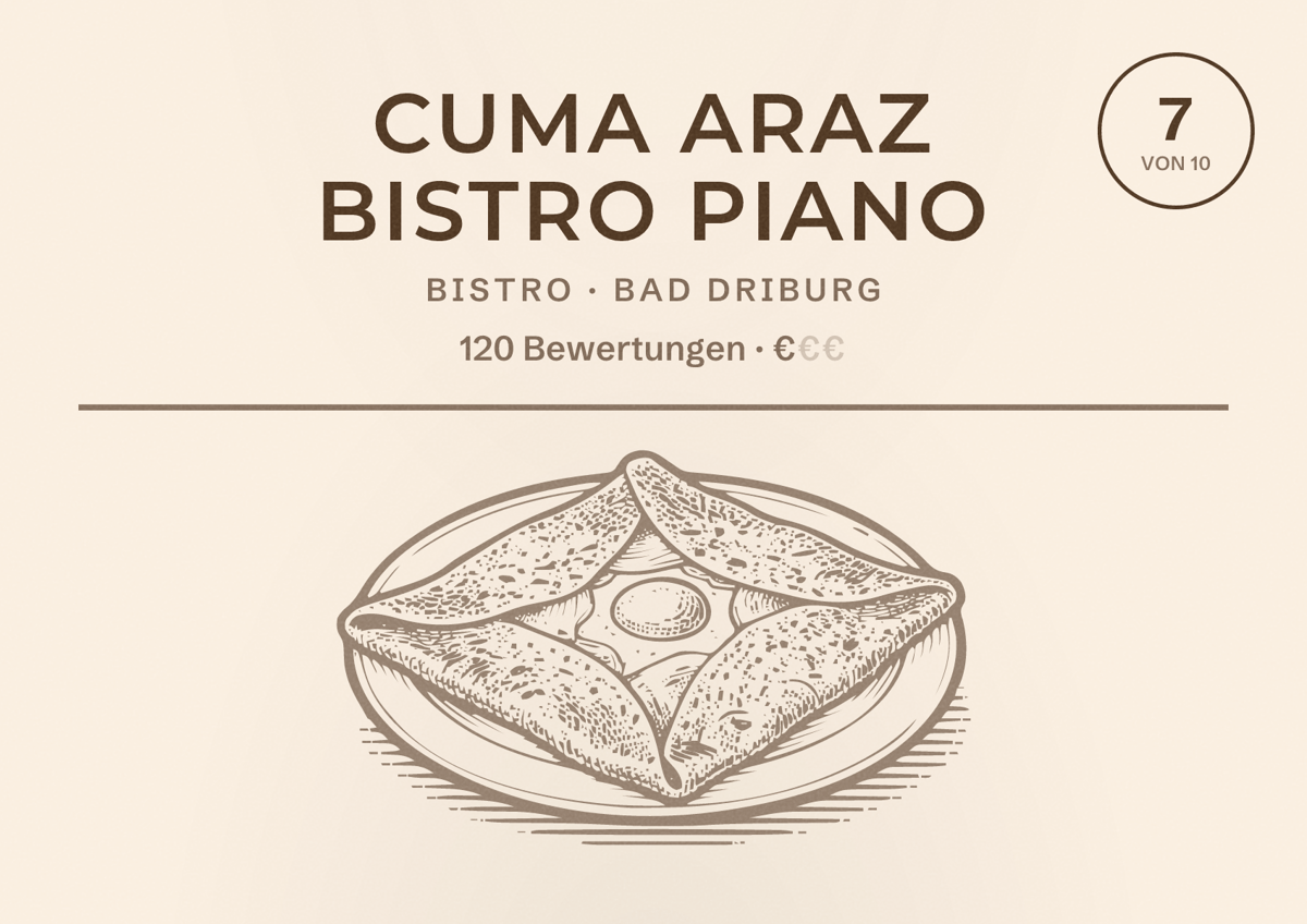 Illustriertes Poster von Cuma Araz Bistro Piano, Bistro in Bad Driburg: Bewertung 7 von 10 aus 120 Bewertungen, Preisniveau €