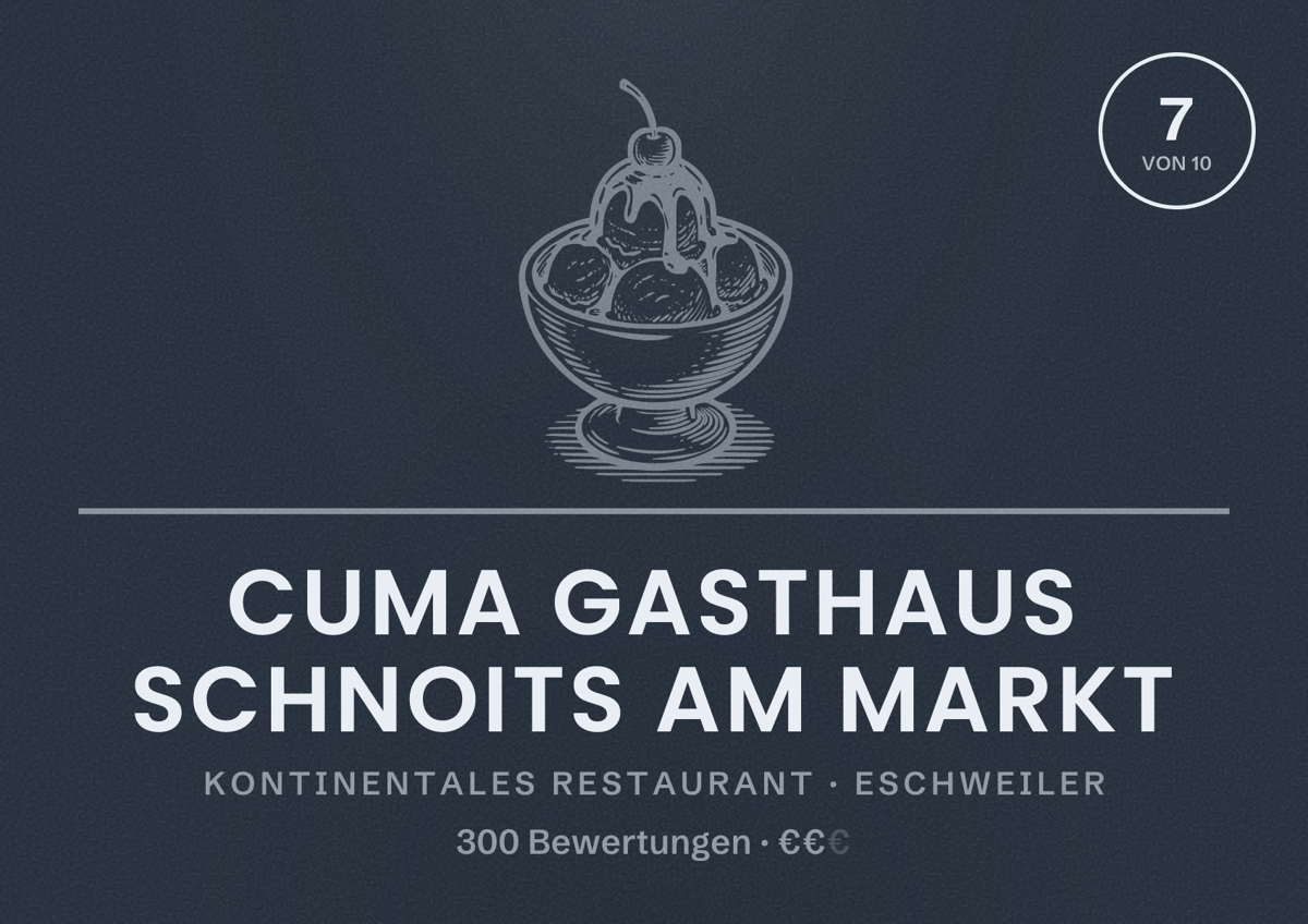Illustriertes Poster von Cuma Gasthaus Schnoits am Markt, Kontinentales Restaurant in Eschweiler: Bewertung 7 von 10 aus 300 Bewertungen, Preisniveau €€