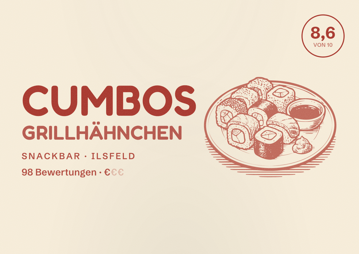 Illustriertes Poster von Cumbos Grillhähnchen, Snackbar in Ilsfeld: Bewertung 8,6 von 10 aus 98 Bewertungen, Preisniveau €