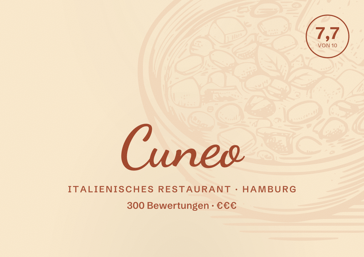 Illustriertes Poster von Cuneo, Italienisches Restaurant in Hamburg: Bewertung 7,7 von 10 aus 300 Bewertungen, Preisniveau €€€