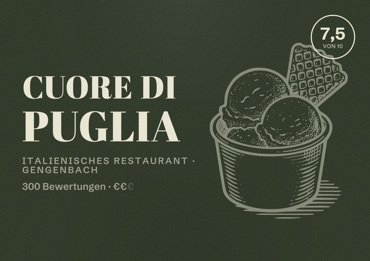 Illustriertes Poster von Cuore di Puglia, Italienisches Restaurant in Gengenbach: Bewertung 7,5 von 10 aus 300 Bewertungen, Preisniveau €€