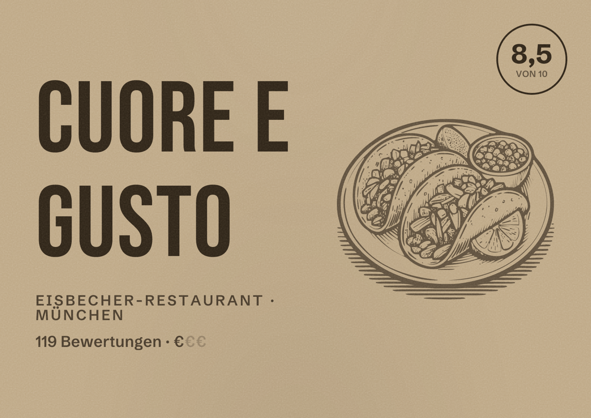 Illustriertes Poster von Cuore e Gusto, Eisbecher-Restaurant in München: Bewertung 8,5 von 10 aus 119 Bewertungen, Preisniveau €