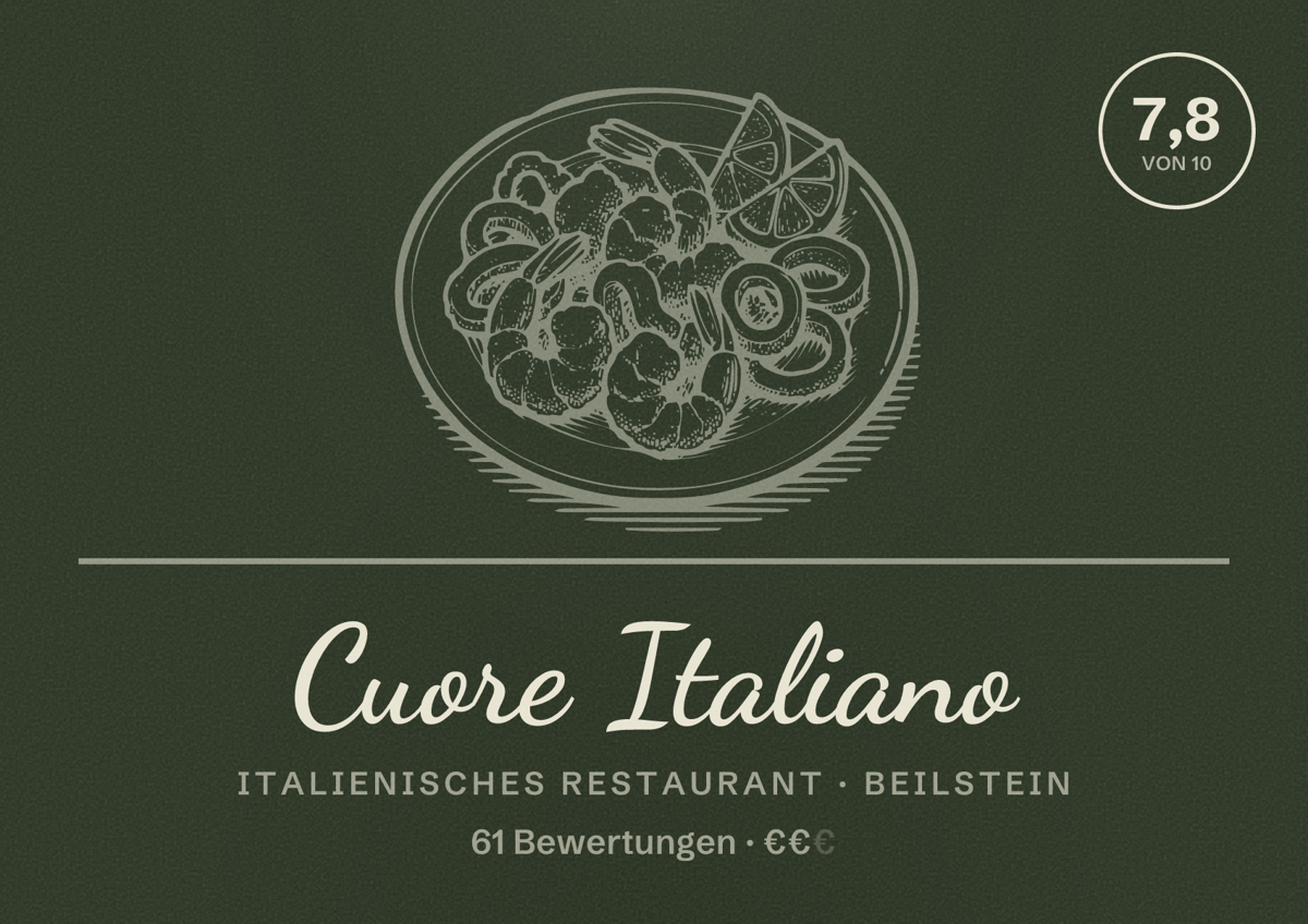 Illustriertes Poster von Cuore Italiano, Italienisches Restaurant in Beilstein: Bewertung 7,8 von 10 aus 61 Bewertungen, Preisniveau €€