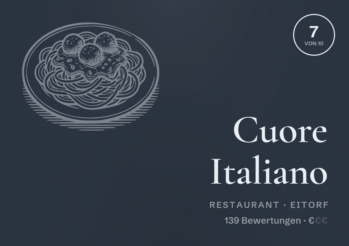 Illustriertes Poster von Cuore Italiano, Restaurant in Eitorf: Bewertung 7 von 10 aus 139 Bewertungen, Preisniveau €