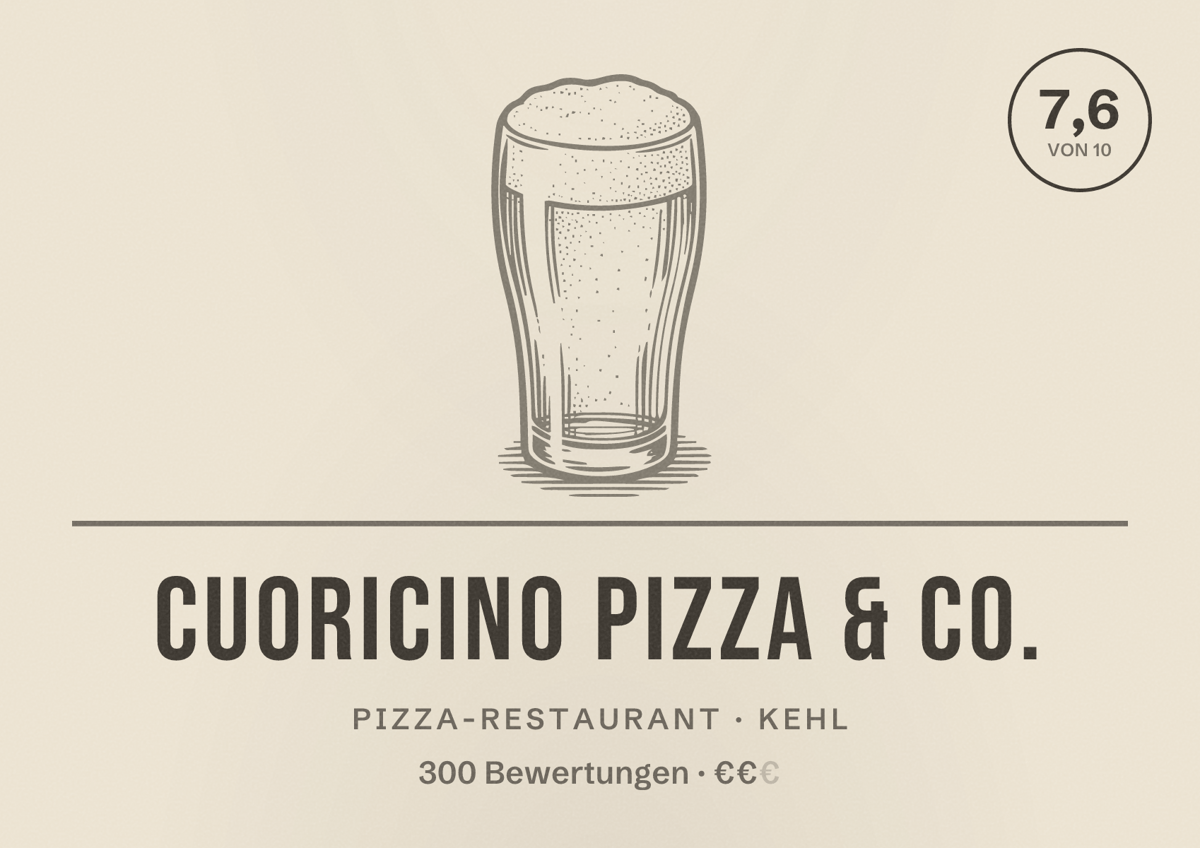 Illustriertes Poster von Cuoricino Pizza & CO., Pizza-Restaurant in Kehl: Bewertung 7,6 von 10 aus 300 Bewertungen, Preisniveau €€