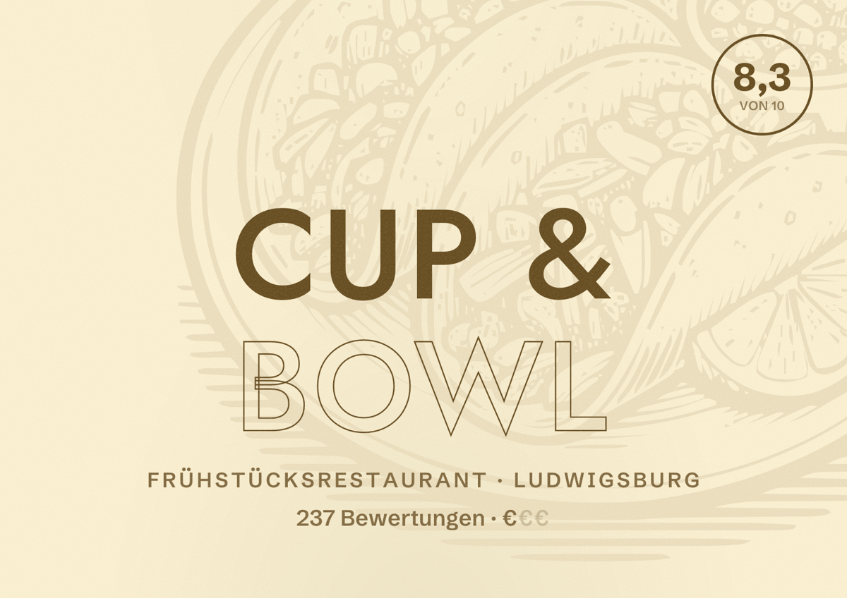 Illustriertes Poster von Cup & Bowl, Frühstücksrestaurant in Ludwigsburg: Bewertung 8,3 von 10 aus 237 Bewertungen, Preisniveau €