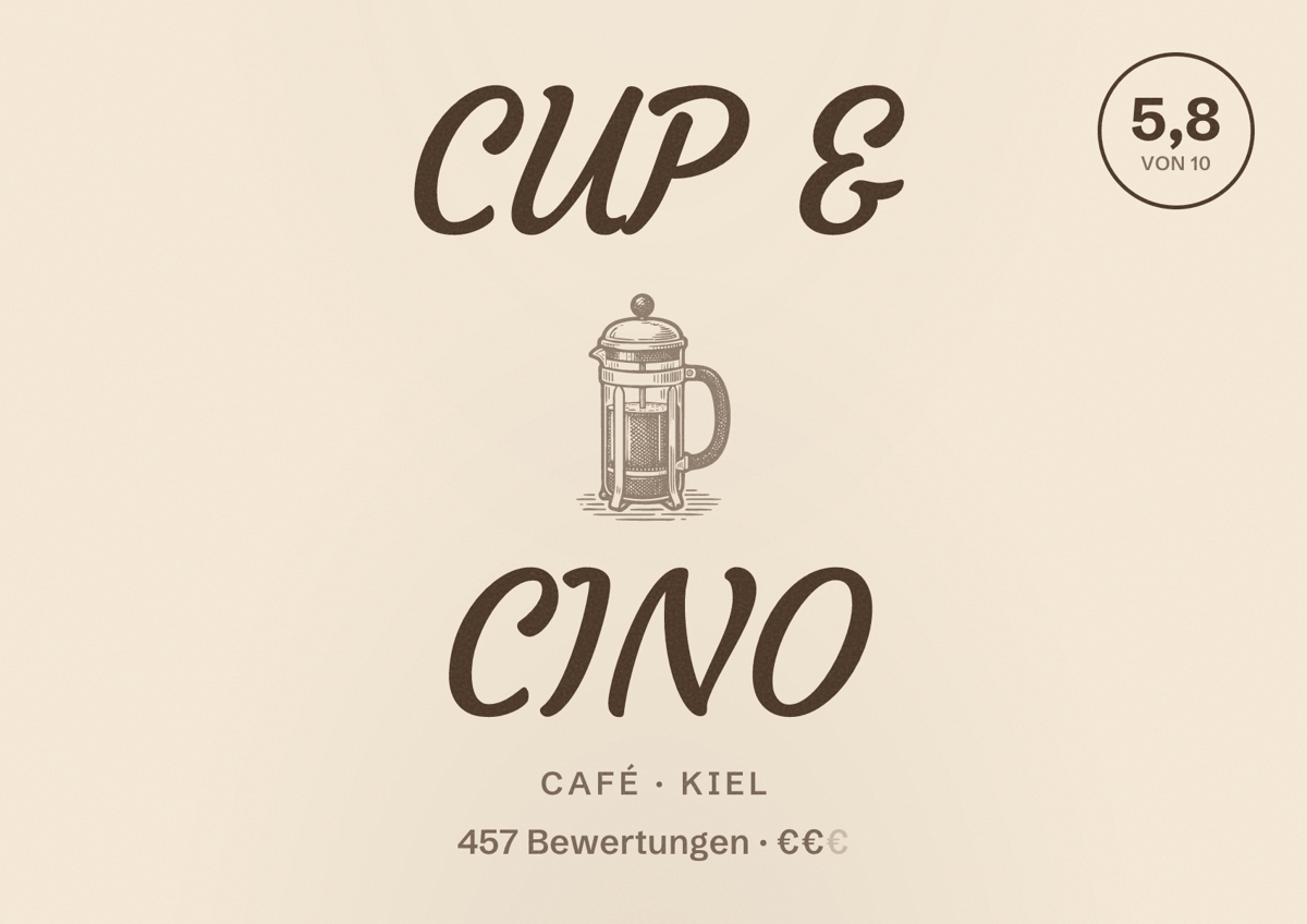 Illustriertes Poster von CUP & CINO, Café in Kiel: Bewertung 5,8 von 10 aus 457 Bewertungen, Preisniveau €€