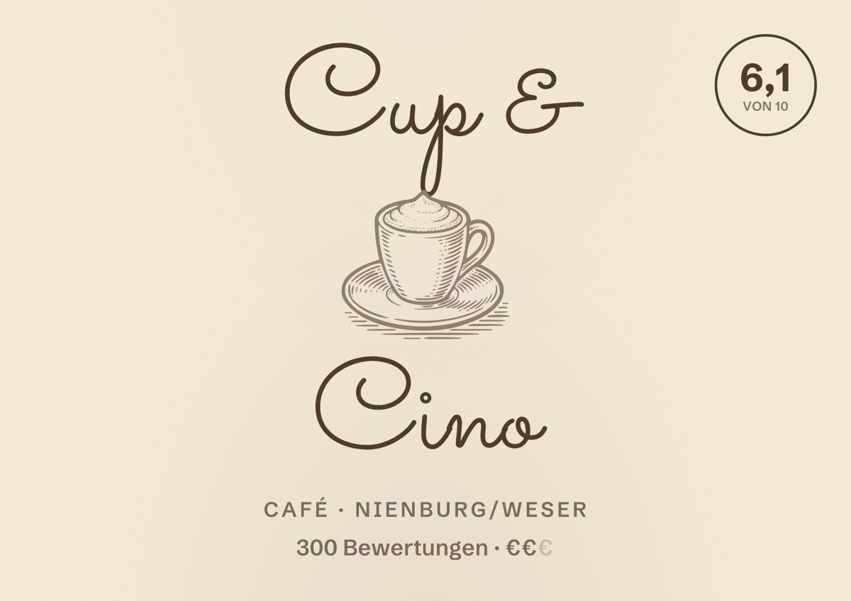 Illustriertes Poster von Cup & Cino, Café in Nienburg/Weser: Bewertung 6,1 von 10 aus 300 Bewertungen, Preisniveau €€