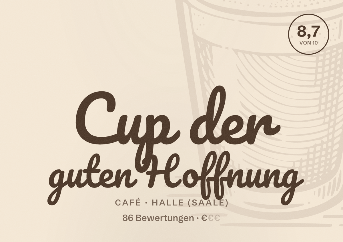 Illustriertes Poster von Cup der guten Hoffnung, Café in Halle (Saale): Bewertung 8,7 von 10 aus 86 Bewertungen, Preisniveau €