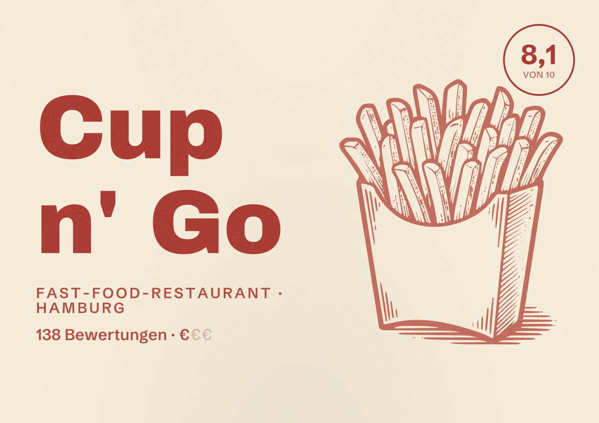 Illustriertes Poster von Cup n' Go, Fast-Food-Restaurant in Hamburg: Bewertung 8,1 von 10 aus 138 Bewertungen, Preisniveau €
