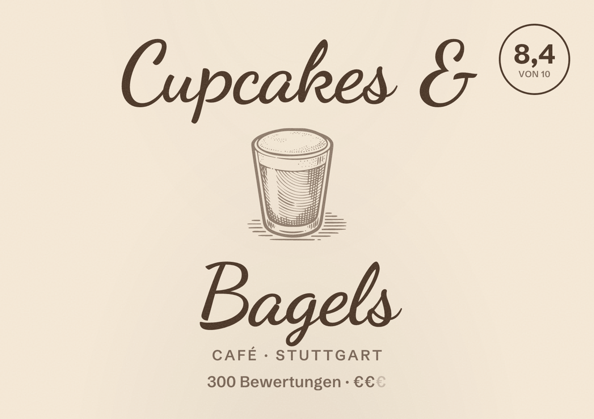 Illustriertes Poster von Cupcakes & Bagels, Café in Stuttgart: Bewertung 8,4 von 10 aus 300 Bewertungen, Preisniveau €€
