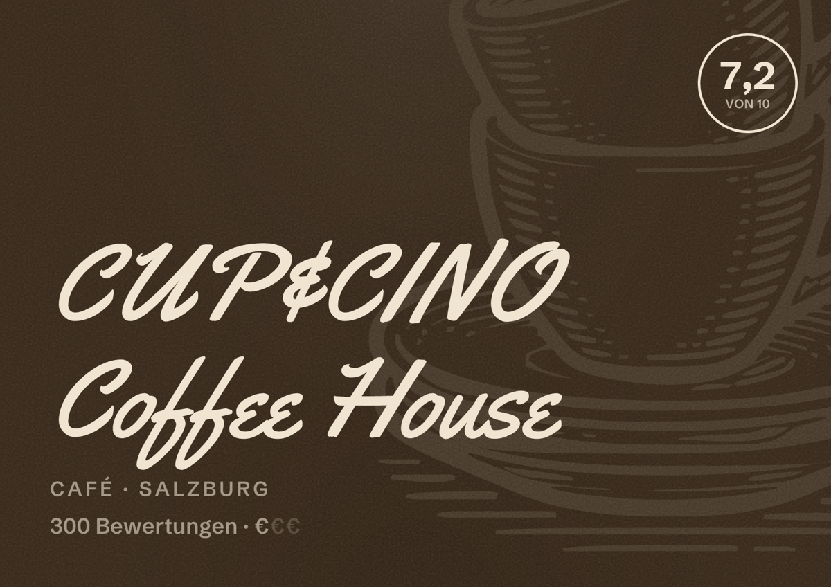 Illustriertes Poster von CUP&CINO Coffee House, Café in Salzburg: Bewertung 7,2 von 10 aus 300 Bewertungen, Preisniveau €