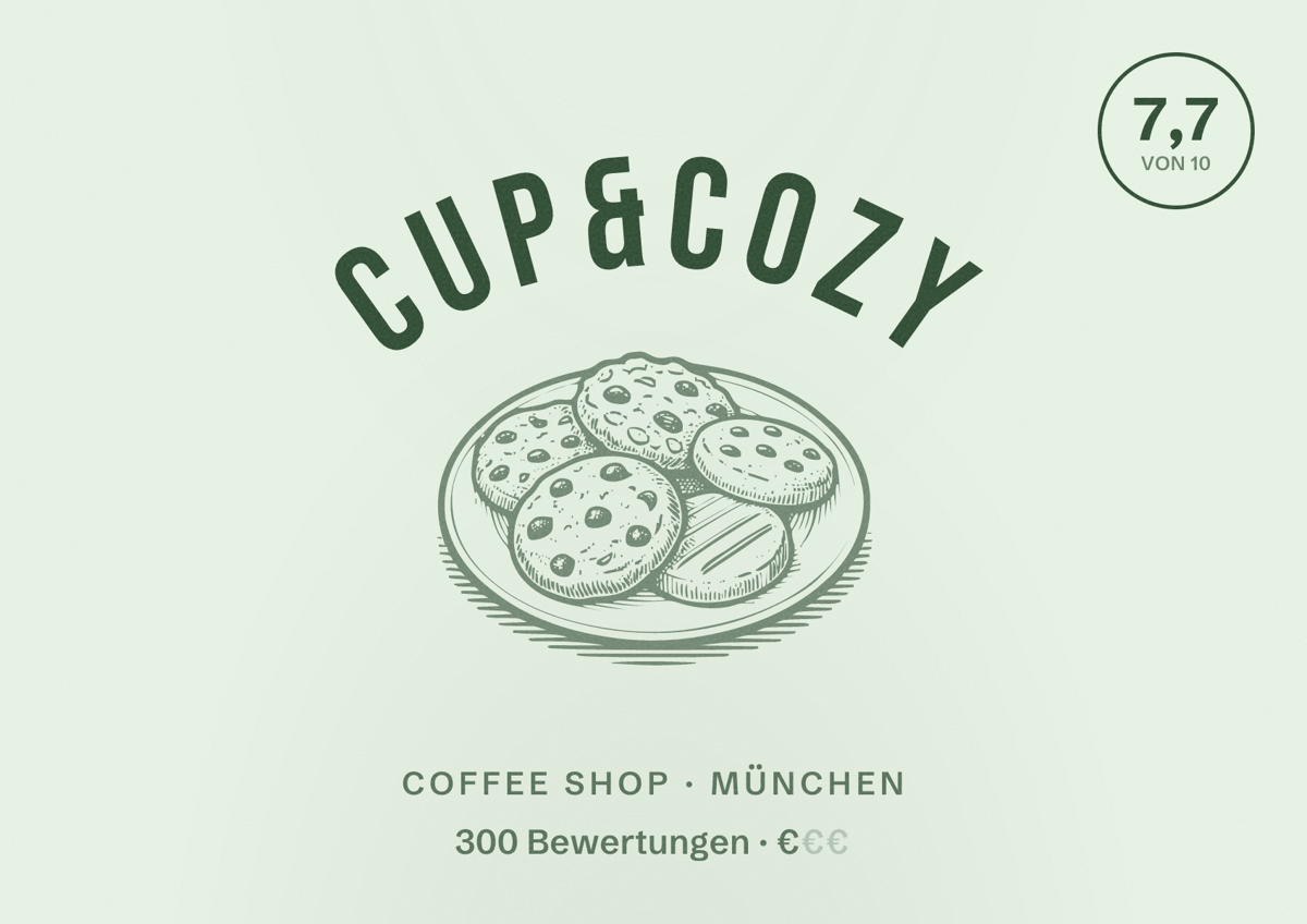 Illustriertes Poster von Cup&Cozy, Coffee Shop in München: Bewertung 7,7 von 10 aus 300 Bewertungen, Preisniveau €