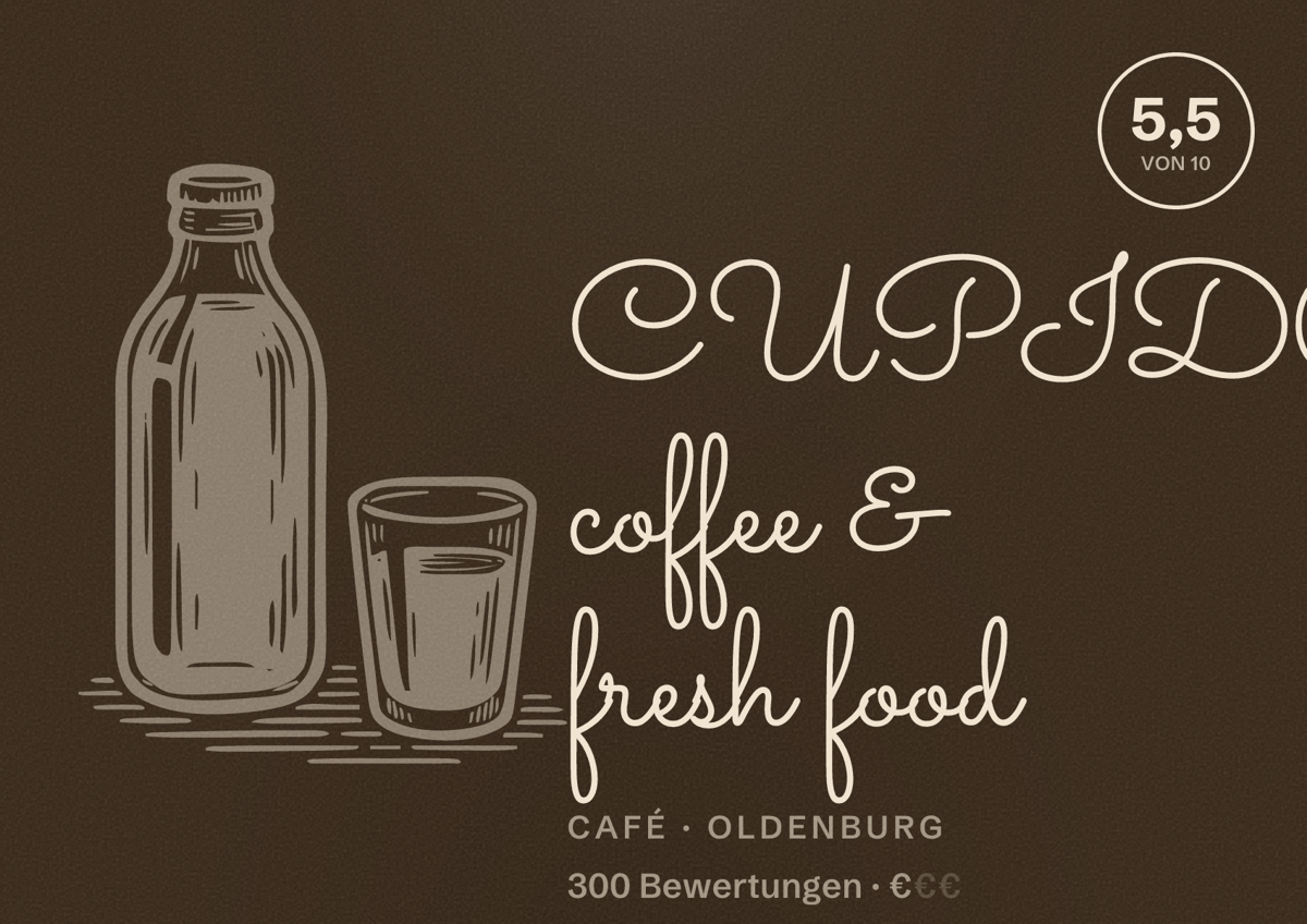 Illustriertes Poster von CUPIDO coffee & fresh food, Café in Oldenburg: Bewertung 5,5 von 10 aus 300 Bewertungen, Preisniveau €