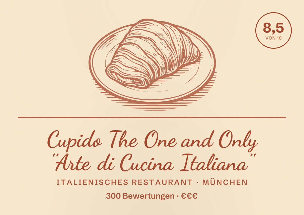 Illustriertes Poster von Cupido The One and Only ''Arte di Cucina Italiana'', Italienisches Restaurant in München: Bewertung 8,5 von 10 aus 300 Bewertungen, Preisniveau €€€