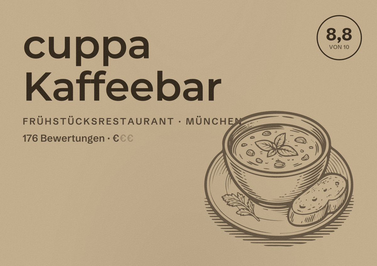 Illustriertes Poster von cuppa Kaffeebar, Frühstücksrestaurant in München: Bewertung 8,8 von 10 aus 176 Bewertungen, Preisniveau €