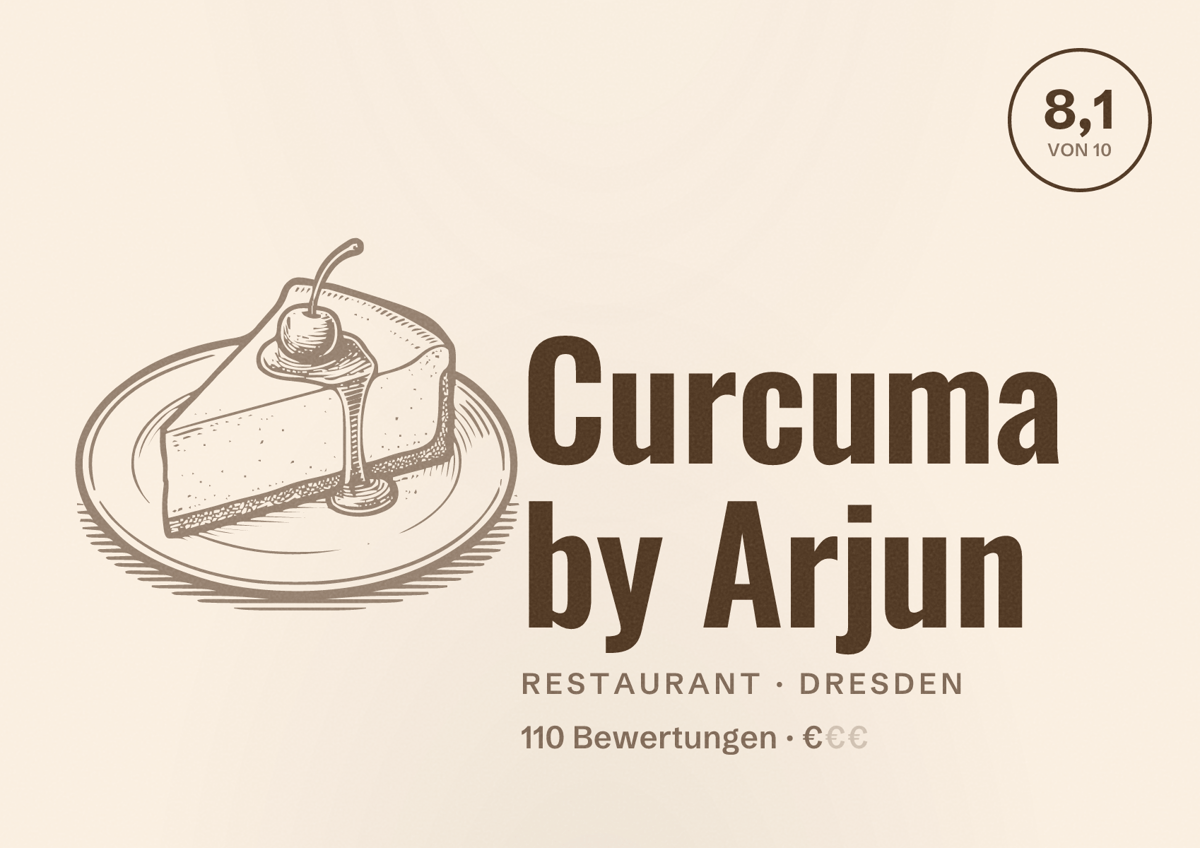 Illustriertes Poster von Curcuma by Arjun, Restaurant in Dresden: Bewertung 8,1 von 10 aus 110 Bewertungen, Preisniveau €