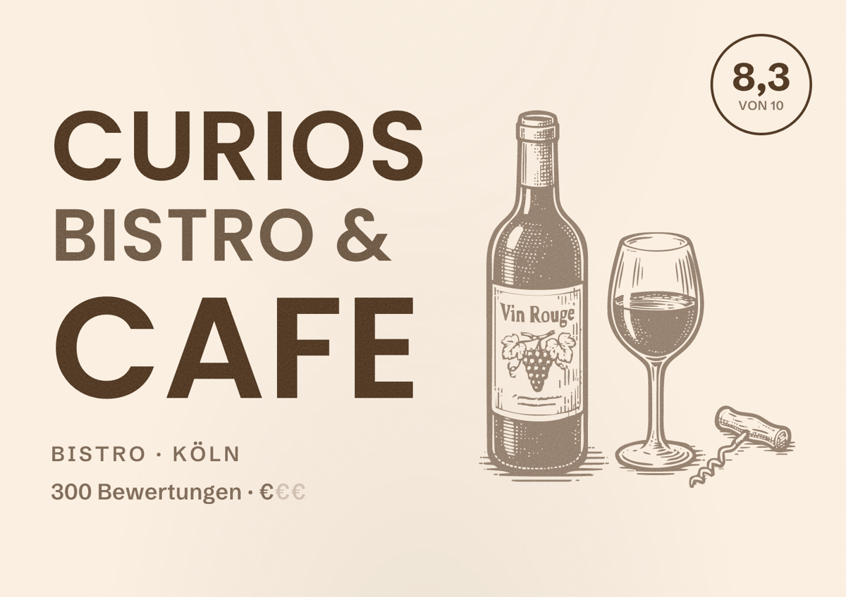 Illustriertes Poster von Curios Bistro & Cafe, Bistro in Köln: Bewertung 8,3 von 10 aus 300 Bewertungen, Preisniveau €